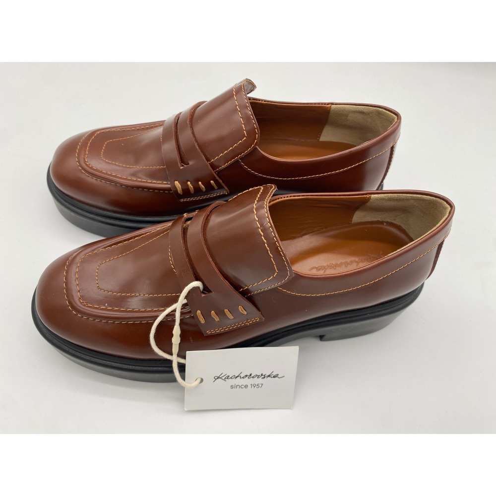 Kachorovska Brown Leather Platform Loafers Square Toe Chunky Shoes‎ EU 37 NEW
